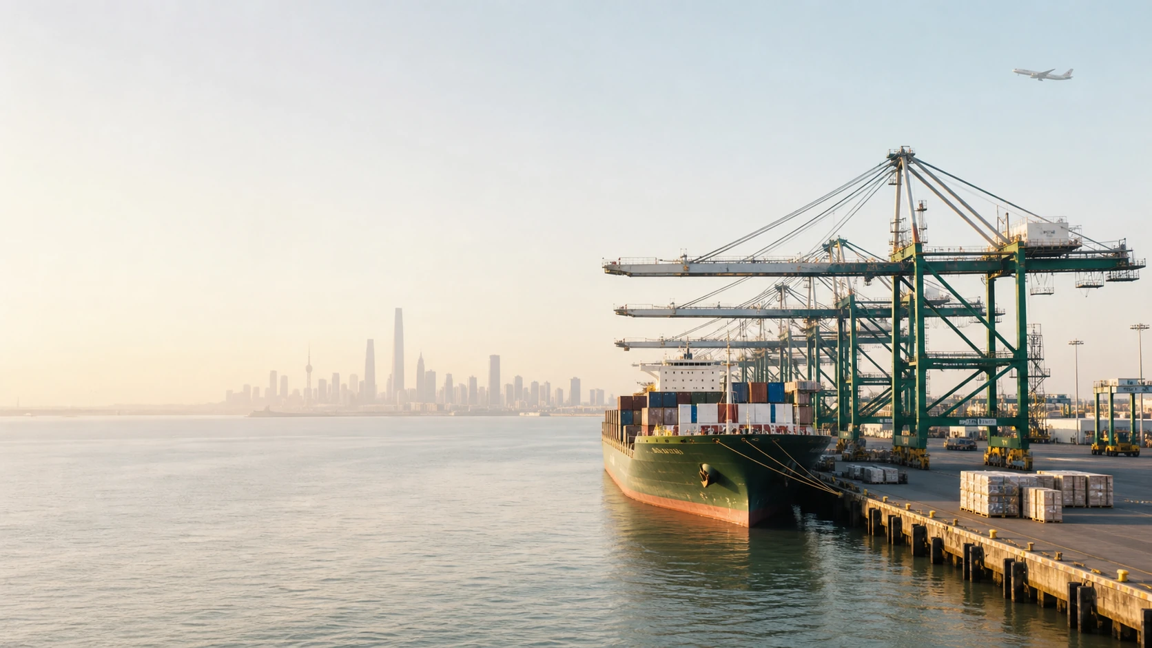 Hafen von Shanghai mit Containerschiff, Exportfracht und Flugzeug im klaren Morgenlicht